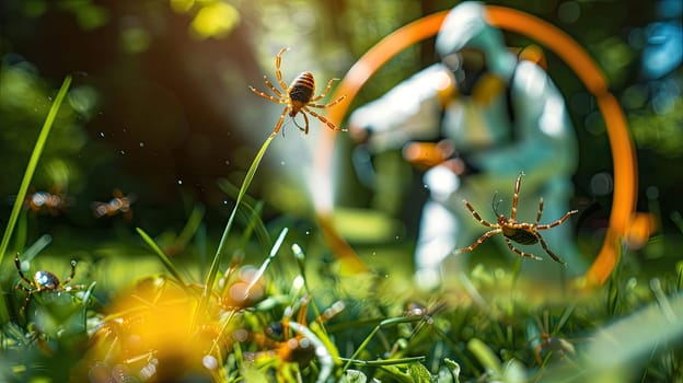 A man in a protective suit sprays the grass against ticks. Selective focus. nature.