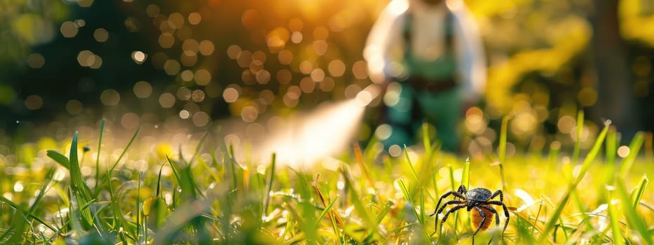 A man in a protective suit sprays the grass against ticks. Selective focus. nature.