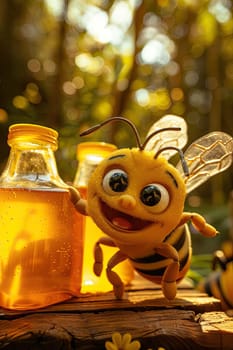 Bee on a jar of honey. Selective focus. food.