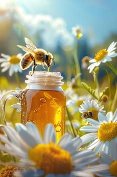 Bee on a jar of honey. Selective focus. food.