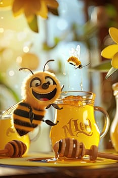 Bee on a jar of honey. Selective focus. food.