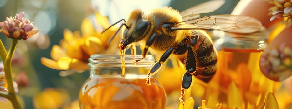 Bee on a jar of honey. Selective focus. food.