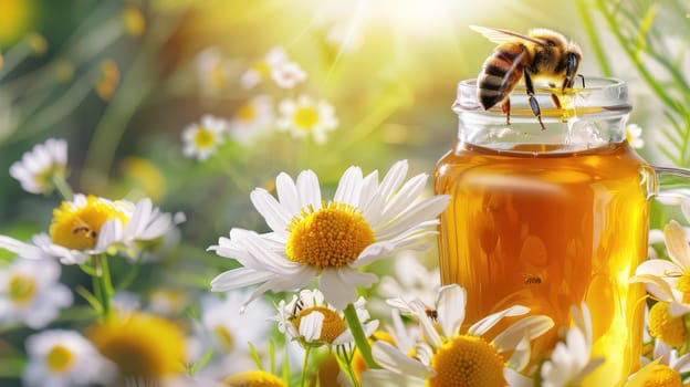 Bee on a jar of honey. Selective focus. food.