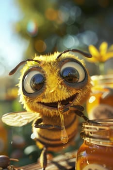 Bee on a jar of honey. Selective focus. food.