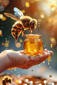 Bee on a jar of honey. Selective focus. food.