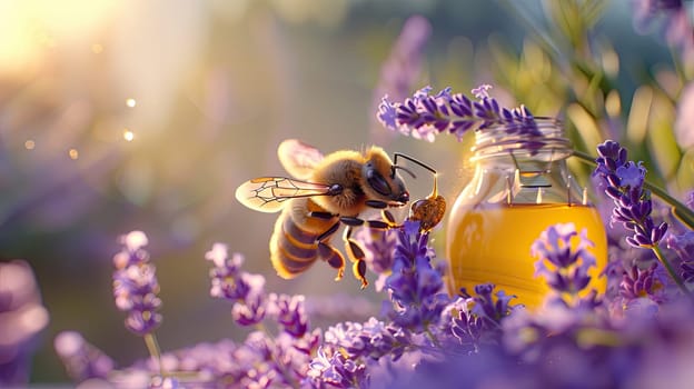 Bee on a jar of honey. Selective focus. food.