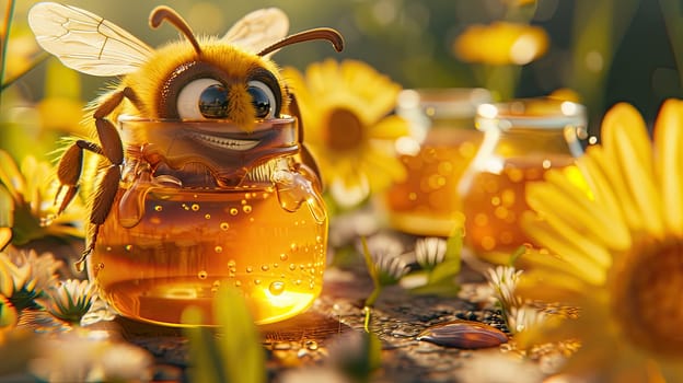 Bee on a jar of honey. Selective focus. food.