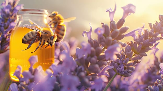 Bee on a jar of honey. Selective focus. food.