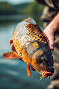 The fisherman holds a big fish in his hands. Selective focus. nature.