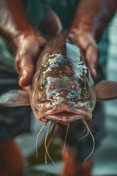 The fisherman holds a big fish in his hands. Selective focus. nature.