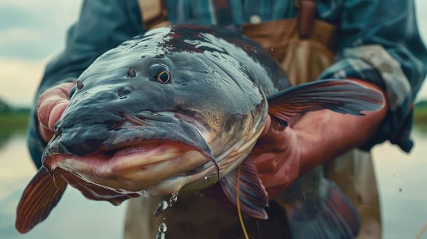 The fisherman holds a big fish in his hands. Selective focus. nature.