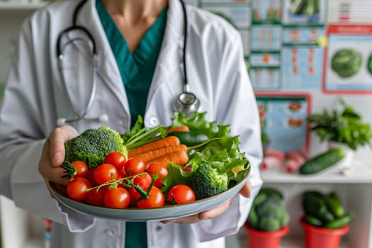 The doctor is holding a plate of natural foods, including green vegetables like plum tomatoes. These ingredients are essential for a healthy recipe and are part of the whole food group