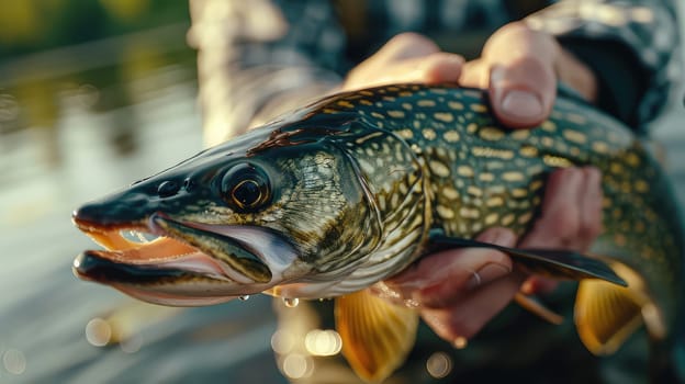 The fisherman holds a big fish in his hands. Selective focus. nature.