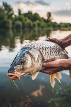 The fisherman holds a big fish in his hands. Selective focus. nature.