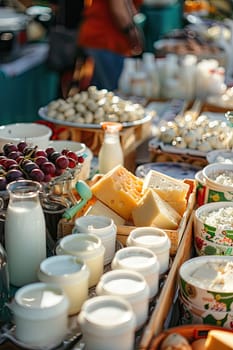 Homemade dairy products on a market counter. Selective focus. food.