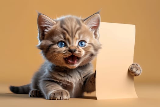 cute kitten with a pure form for text, isolated on a light brown background .