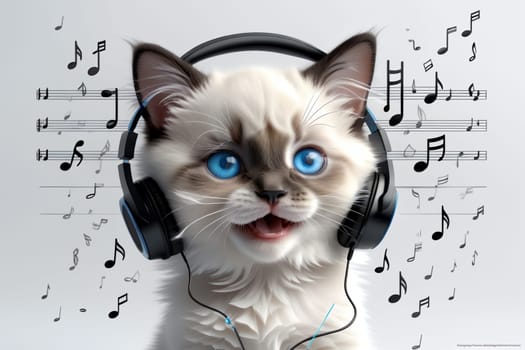 cute cat wearing headphones listening to music .