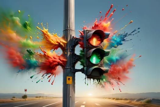 bright multi-colored traffic light on a pole .