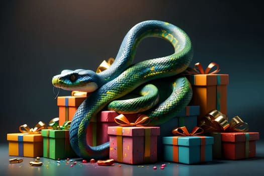 New Year snake with gifts , New Year card .