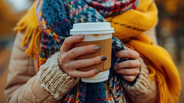 A glass of coffee in a woman's hand in the park. Selective focus. nature.