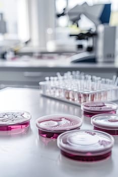 Petri dishes in the laboratory against the background of a microscope. Selective focus. white.