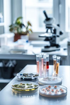 Petri dishes in the laboratory against the background of a microscope. Selective focus. white.