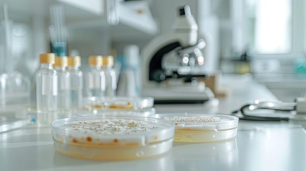 Petri dishes in the laboratory against the background of a microscope. Selective focus. white.