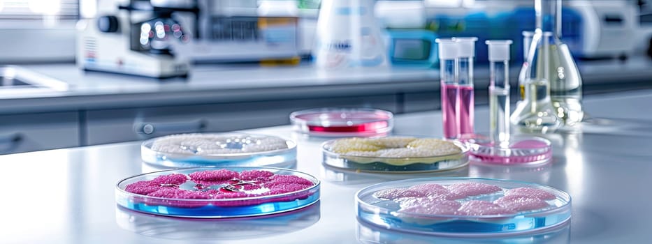 Petri dishes in the laboratory against the background of a microscope. Selective focus. white.