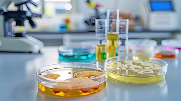 Petri dishes in the laboratory against the background of a microscope. Selective focus. white.