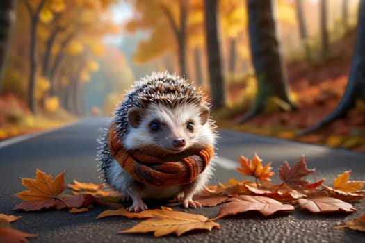 cute hedgehog stands on the road in the forest in autumn .