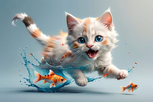 Cute Ragdoll kitten and goldfish underwater .