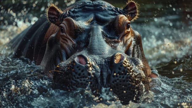 Large hippopotamus in the water. Selective focus. Nature.