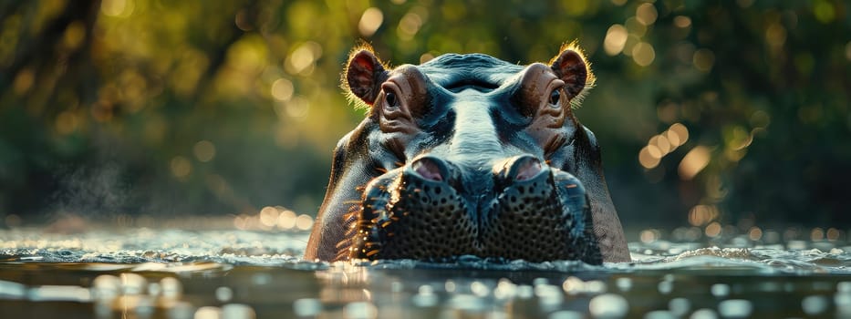 Large hippopotamus in the water. Selective focus. Nature.