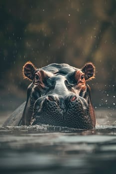 Large hippopotamus in the water. Selective focus. Nature.