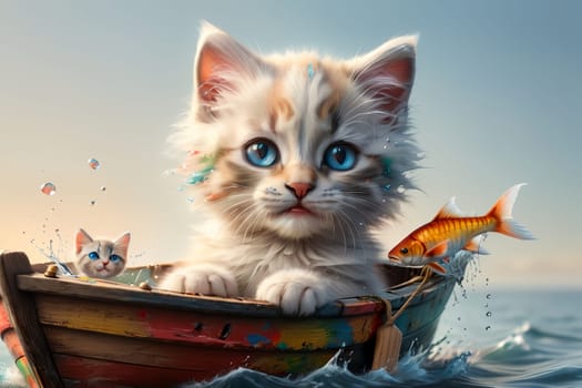 cute kitten in a boat on the sea with fish .