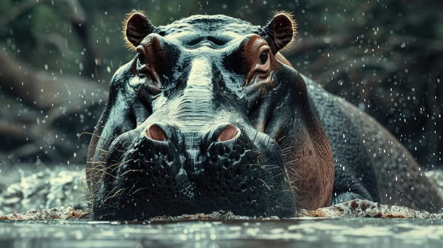 Large hippopotamus in the water. Selective focus. Nature.