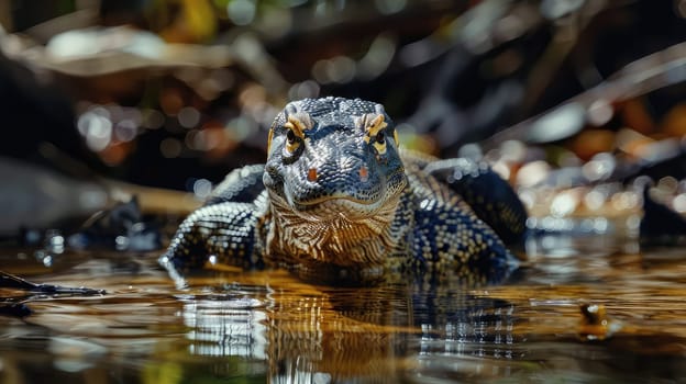 Large monitor lizard in the water. Selective focus. Nature.