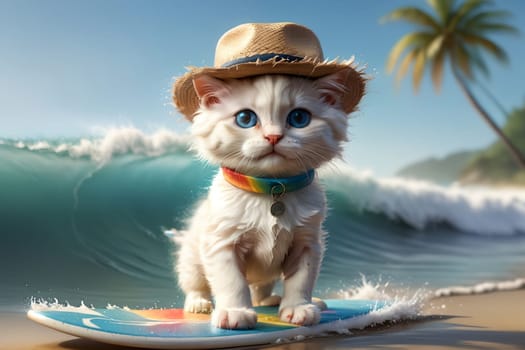 cute kitten surfing at sea, summer holiday .