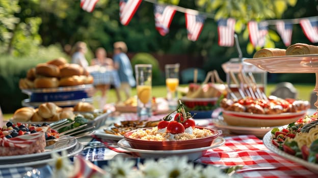 Food outside on tables in the garden. Selective focus. nature.