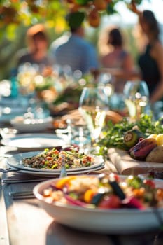 Food outside on tables in the garden. Selective focus. nature.