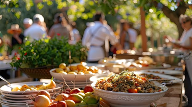 Food outside on tables in the garden. Selective focus. nature.