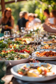 Food outside on tables in the garden. Selective focus. nature.