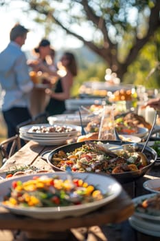 Food outside on tables in the garden. Selective focus. nature.