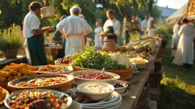 Food outside on tables in the garden. Selective focus. nature.