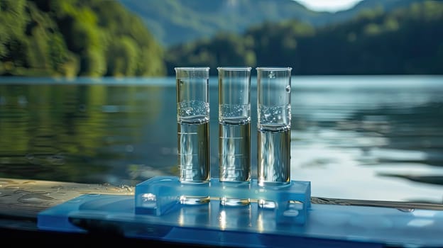 Water samples in test tubes on a pond. Selective focus. Nature.