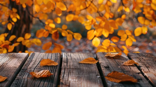 Wooden table in the autumn park. Selective focus. Nature.