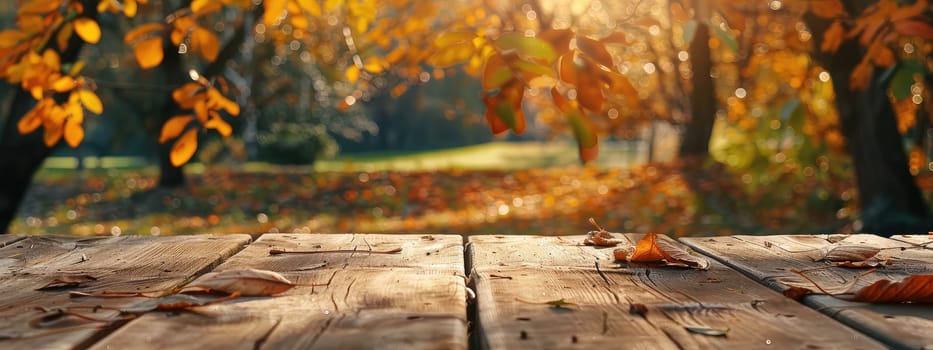 Wooden table in the autumn park. Selective focus. Nature.