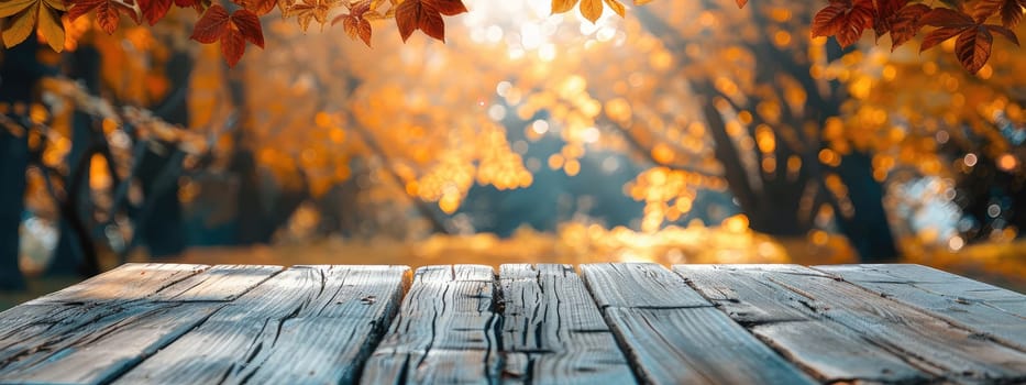 Wooden table in the autumn park. Selective focus. Nature.