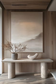 A rectangular painting hangs above the wooden table in the grey interior design. The hardwood floor complements the furniture and shelving