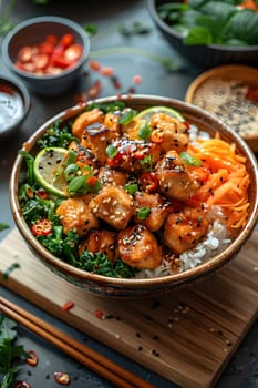 A delicious bowl of seafood stir fry with chopsticks on a rustic wooden cutting board, showcasing fresh and flavorful ingredients